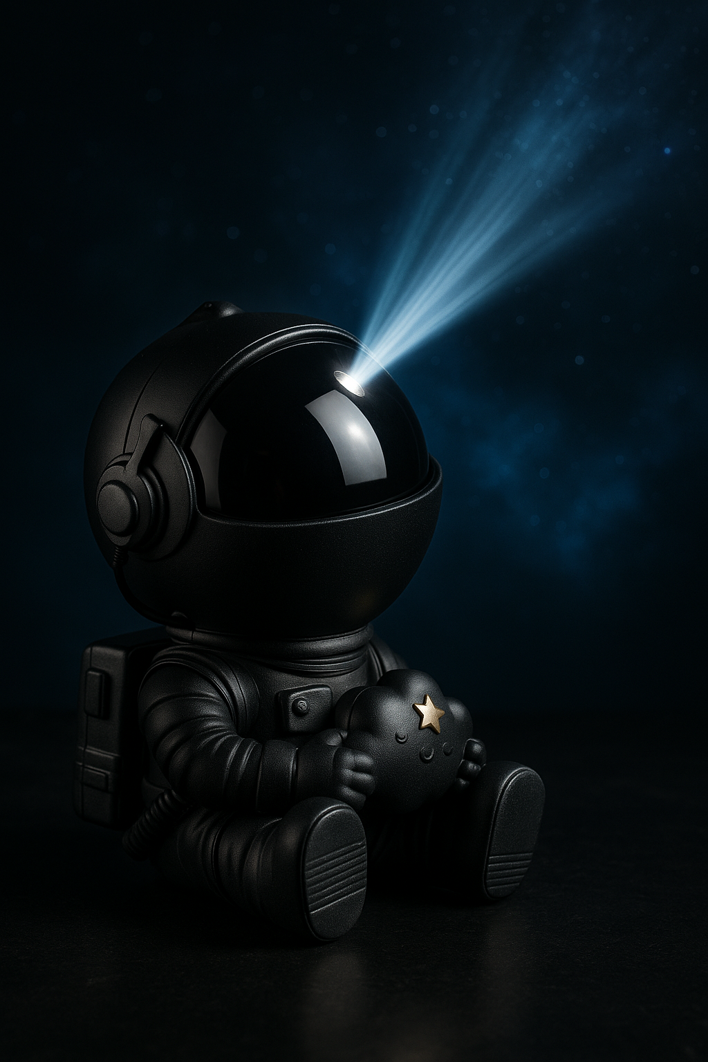 Black astronaut toy with a flashlight on a dark background